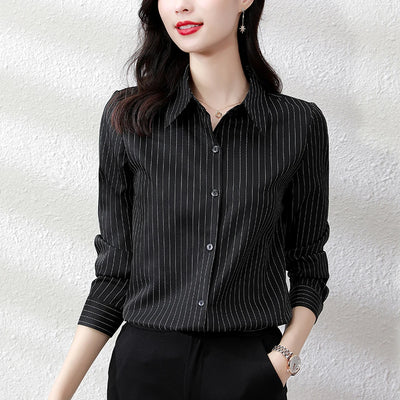 Vintage Striped Long Sleeve Blouse - Korean Fashion for Women