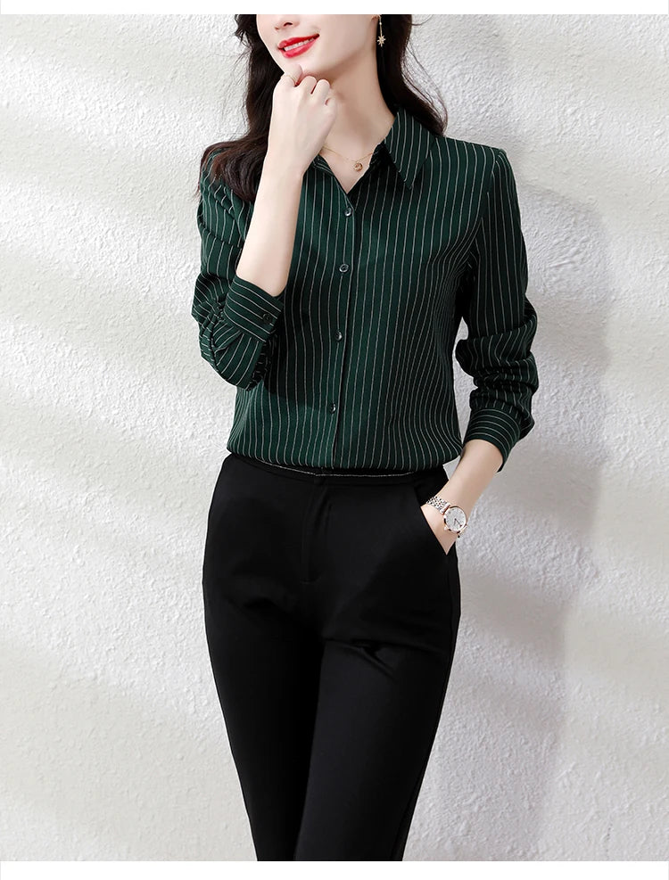 Vintage Striped Long Sleeve Blouse - Korean Fashion for Women