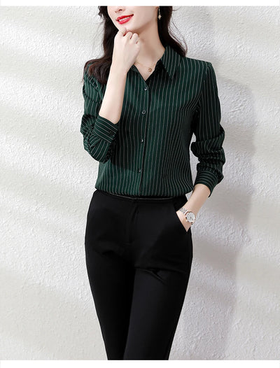 Vintage Striped Long Sleeve Blouse - Korean Fashion for Women