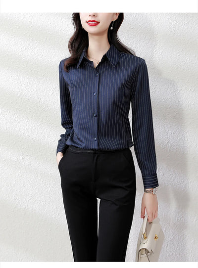 Vintage Striped Long Sleeve Blouse - Korean Fashion for Women