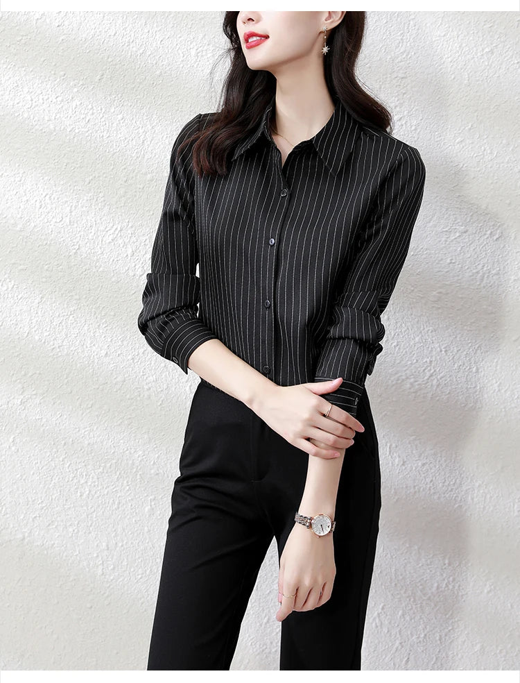 Vintage Striped Long Sleeve Blouse - Korean Fashion for Women