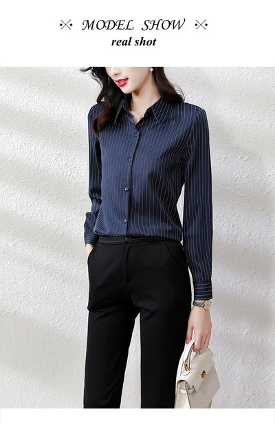 Vintage Striped Long Sleeve Blouse - Korean Fashion for Women