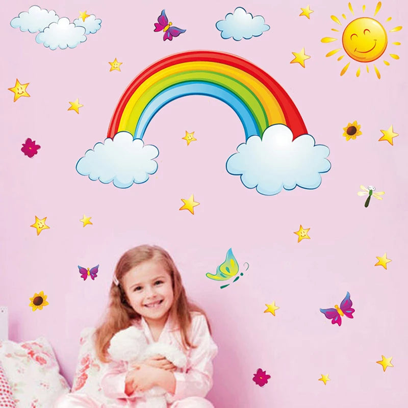 Pretty Shining Stars On Rainbow Cloud Butterflies Wall Stickers Room Decor Decal