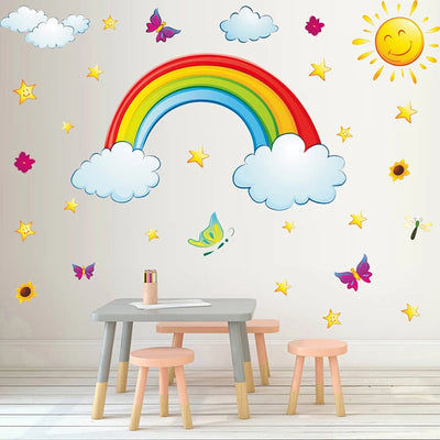 Pretty Shining Stars On Rainbow Cloud Butterflies Wall Stickers Room Decor Decal