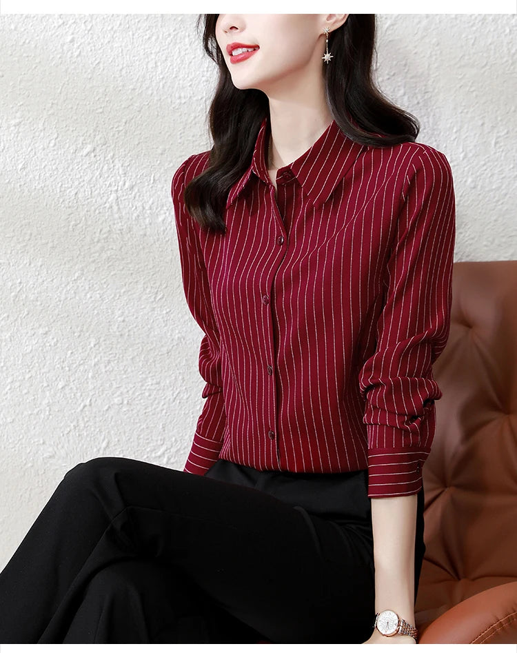 Vintage Striped Long Sleeve Blouse - Korean Fashion for Women