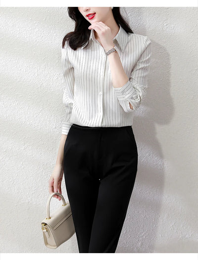 Vintage Striped Long Sleeve Blouse - Korean Fashion for Women