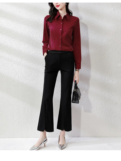 Vintage Striped Long Sleeve Blouse - Korean Fashion for Women