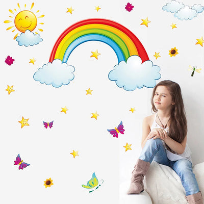 Pretty Shining Stars On Rainbow Cloud Butterflies Wall Stickers Room Decor Decal