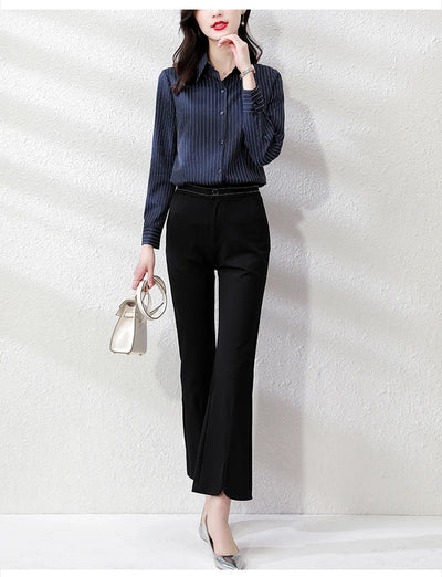 Vintage Striped Long Sleeve Blouse - Korean Fashion for Women