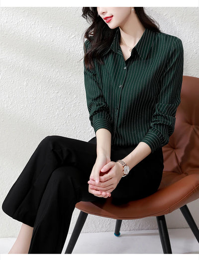 Vintage Striped Long Sleeve Blouse - Korean Fashion for Women