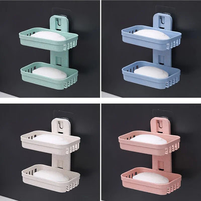 Wall-Mounted Double Layer Soap Dish Holder - Punch-Free Draining Sponge Storage Box