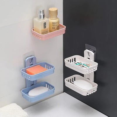 Wall-Mounted Double Layer Soap Dish Holder - Punch-Free Draining Sponge Storage Box