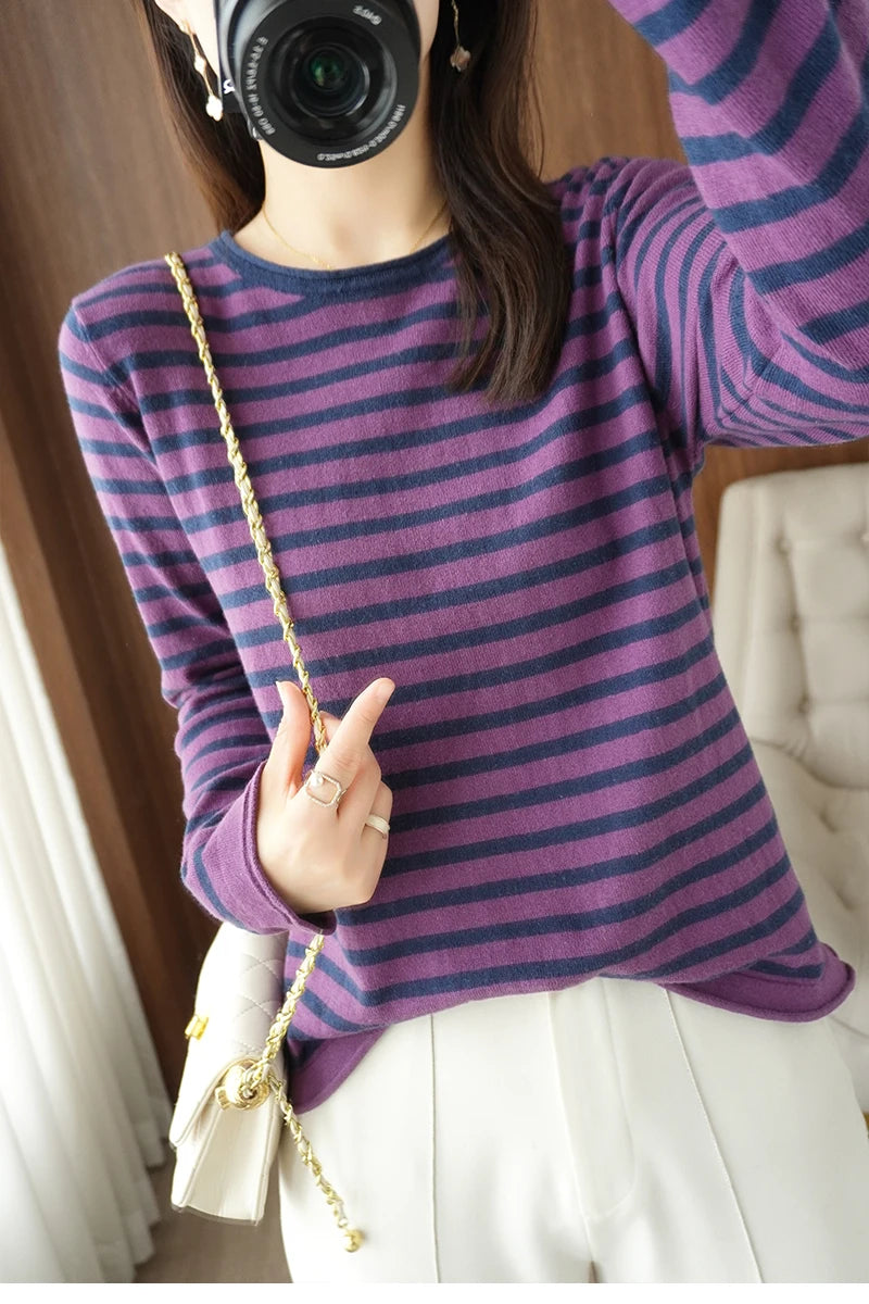 100% Cotton O-Neck Pullover Sweater - Women's Casual Knit Top