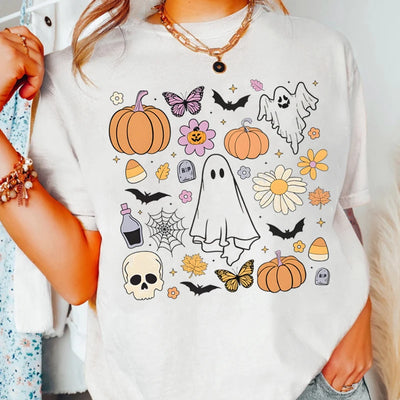 Ghost Print Halloween T-Shirt - Women's Short Sleeve Crew Neck