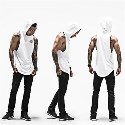 Men's Hooded Gym Tank Top - Bodybuilding Stringer Sleeveless Workout Shirt