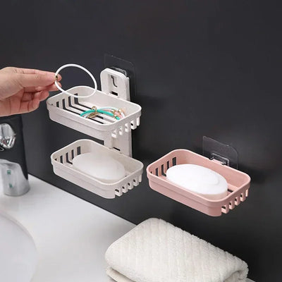 Wall-Mounted Double Layer Soap Dish Holder - Punch-Free Draining Sponge Storage Box