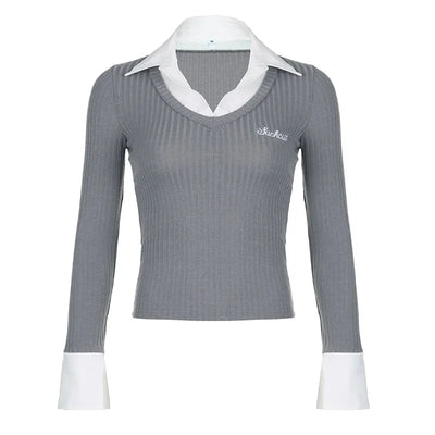 Women’s Casual College Style Polo Collar T-Shirt - Slim Knit Long Sleeve