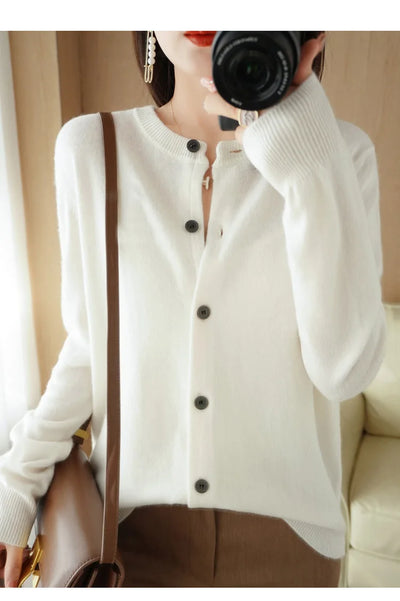 Women's O-Neck Long Sleeve Sweater - Basic Wool Knitted Cardigan