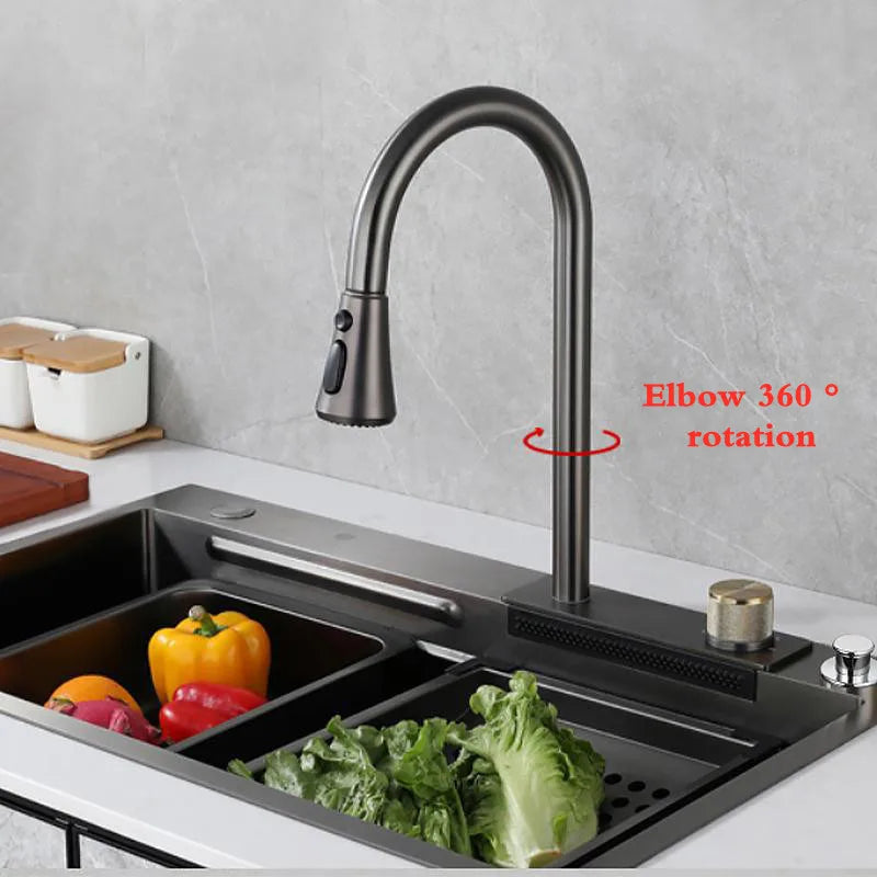 304 Stainless Steel Waterfall Kitchen Sink Faucet – High-Pressure Pull-Down Design