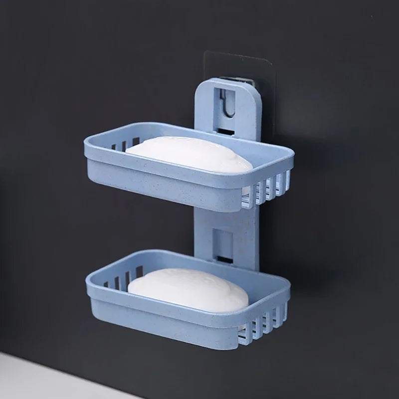 Wall-Mounted Double Layer Soap Dish Holder - Punch-Free Draining Sponge Storage Box