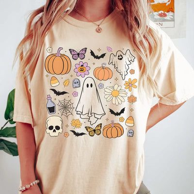 Ghost Print Halloween T-Shirt - Women's Short Sleeve Crew Neck