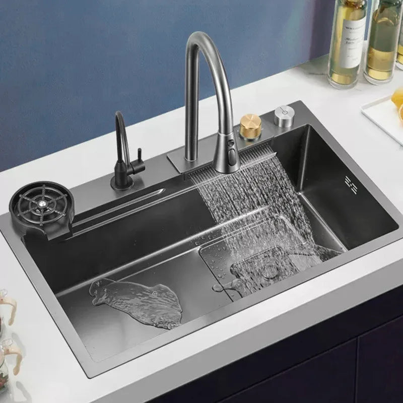 304 Stainless Steel Waterfall Kitchen Sink Faucet – High-Pressure Pull-Down Design