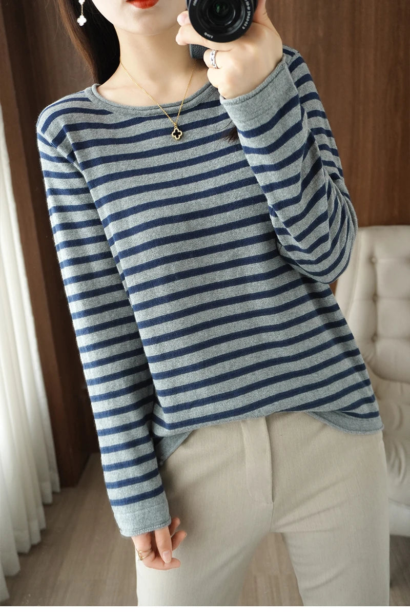 100% Cotton O-Neck Pullover Sweater - Women's Casual Knit Top