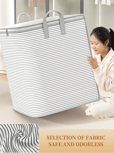 Large Capacity Grey Striped Zippered Storage Bag – Dustproof Home Organizer