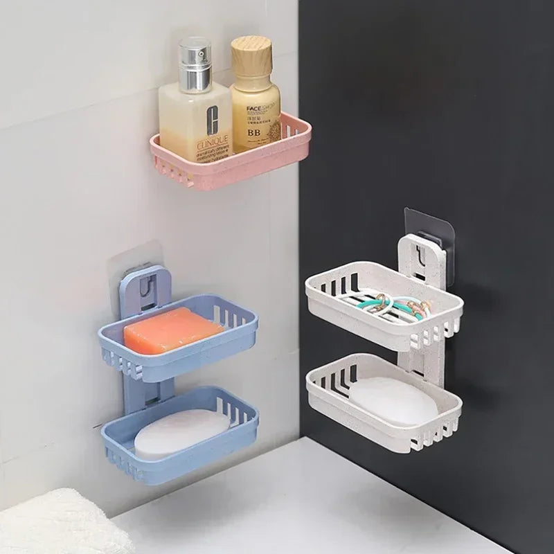 Wall-Mounted Double Layer Soap Dish Holder - Punch-Free Draining Sponge Storage Box