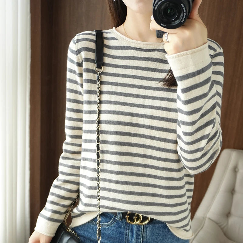 100% Cotton O-Neck Pullover Sweater - Women's Casual Knit Top