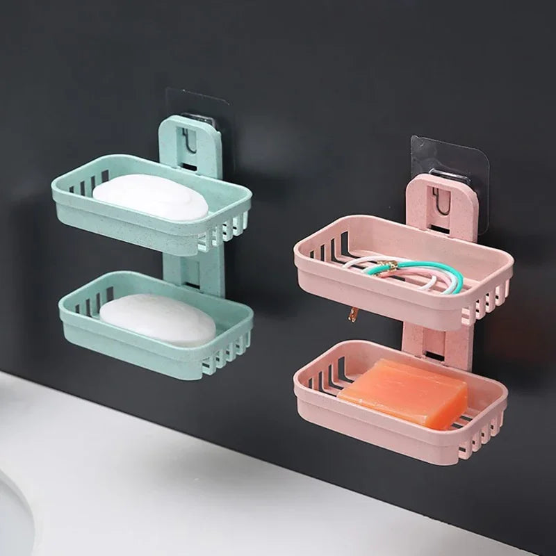 Wall-Mounted Double Layer Soap Dish Holder - Punch-Free Draining Sponge Storage Box