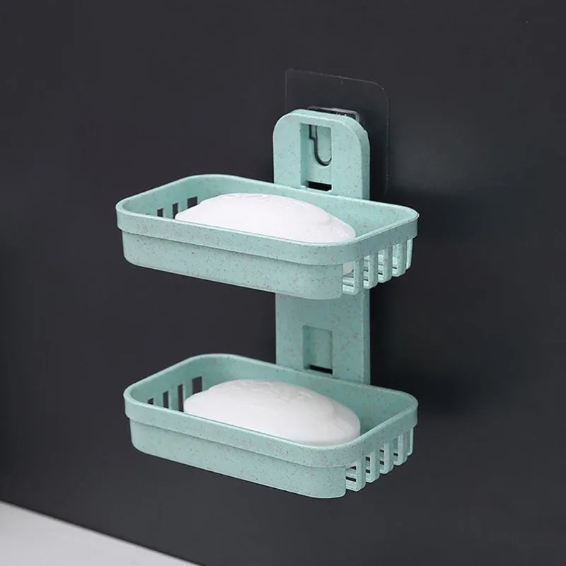 Wall-Mounted Double Layer Soap Dish Holder - Punch-Free Draining Sponge Storage Box