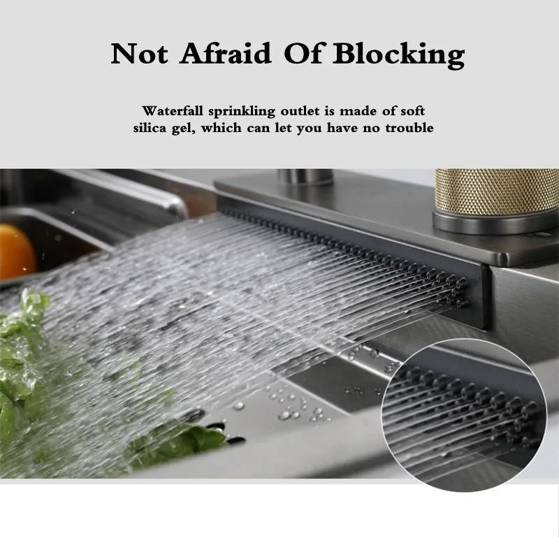 304 Stainless Steel Waterfall Kitchen Sink Faucet – High-Pressure Pull-Down Design