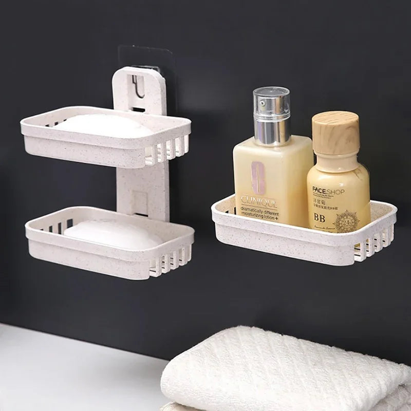 Wall-Mounted Double Layer Soap Dish Holder - Punch-Free Draining Sponge Storage Box