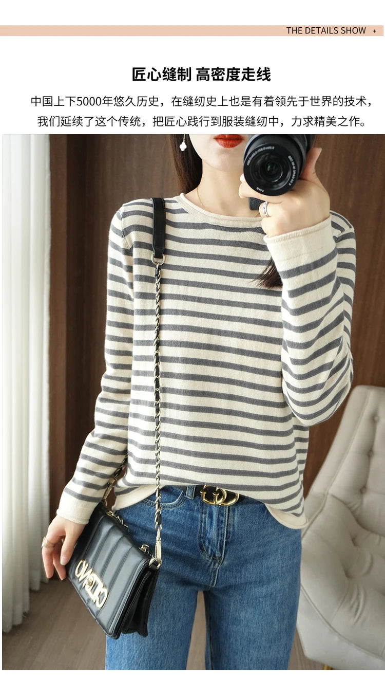 100% Cotton O-Neck Pullover Sweater - Women's Casual Knit Top