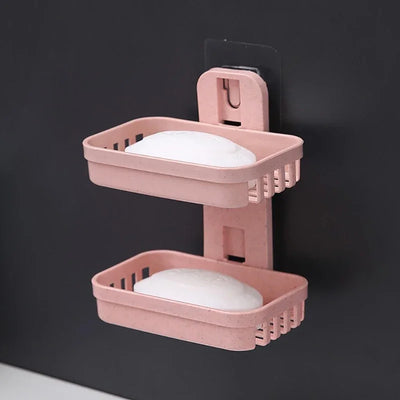 Wall-Mounted Double Layer Soap Dish Holder - Punch-Free Draining Sponge Storage Box